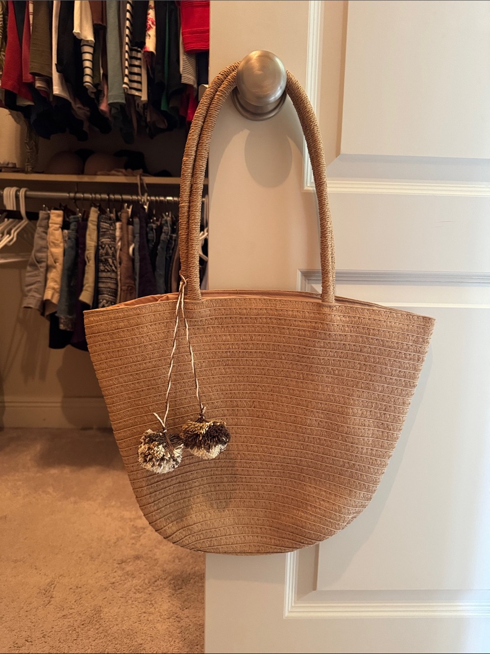 Straw Tote Bag with Pom Pom Charm - Natural Beige